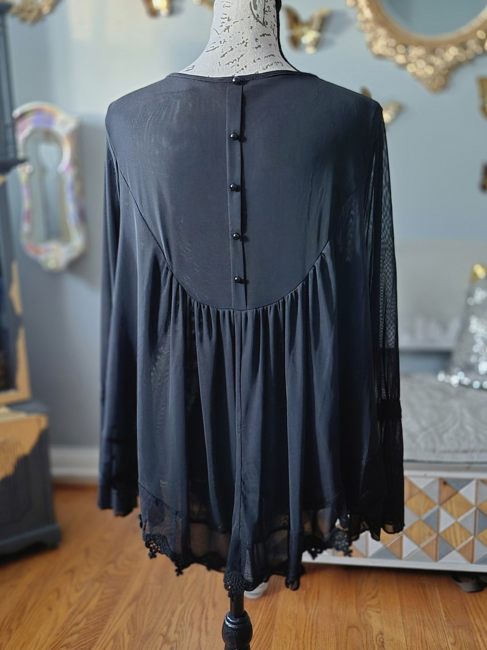 Ultra Pink Boho Whimsigoth Black Lace-Inset Sheer Tunic Large - Picture 4 of 9